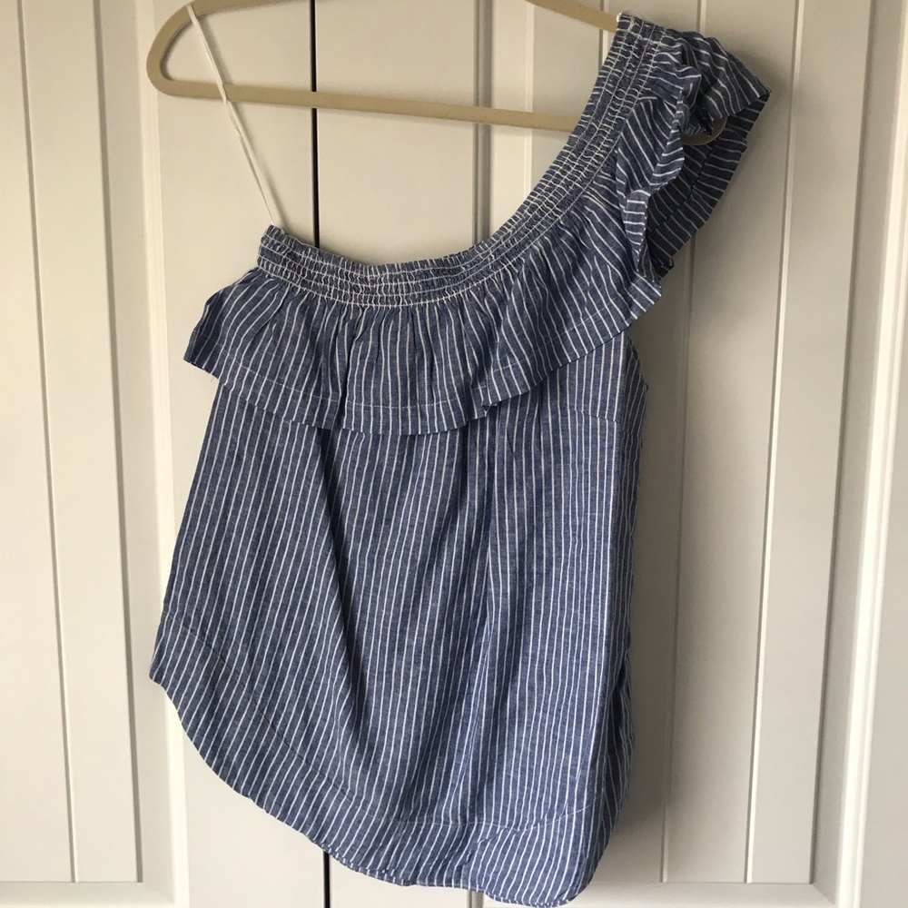 One shoulder blue and white striped top
